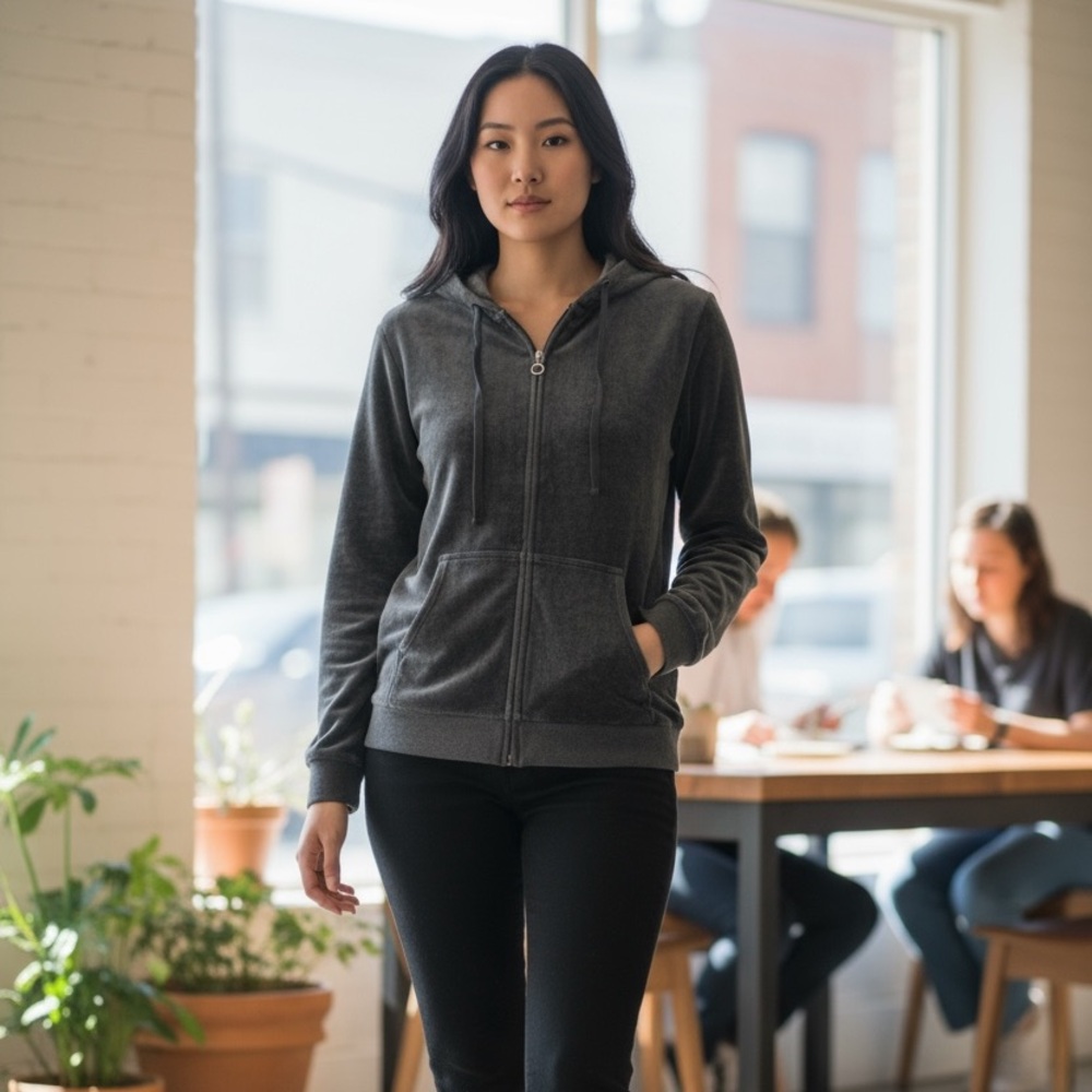 New York & Company Dark Gray Plush Velour Hooded Jacket